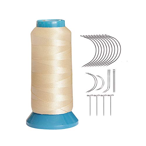 Hair Weaving Thread with C/J/I/T Needles 1200 Yards 250 D Strength Polyester Thread Sewing Thread for Making Wigs Hair Extension Kit (Beige) - color: Beige