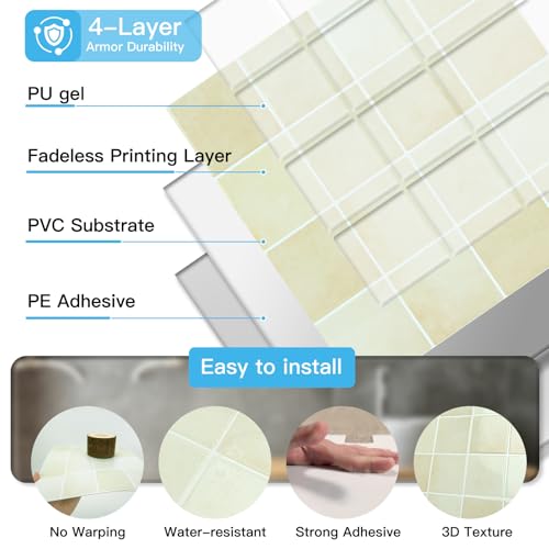 Art3d Grid Design Peel and Stick Backsplash, 10-Pack, 12 x 12 in, Sandstone - color: Sandstone
