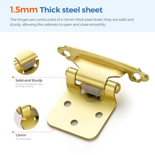 Gold Self-Close Cabinet Hinges, 1/2 Inch Overlay,20 Pack 10 Pairs - size: Semi Concealed 1/2 inch Overlay
