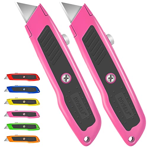 DIYSELF 2 Pack Box Cutter Retractable, Heavy-Duty Utility Knife, Metal Body - color: Pink, size: 2-Pack