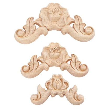 4Pcs Wooden Carved Rose Appliques Onlays, Furniture Corner Carvings Decals - size: 8x8cm/3.15"x3.15"