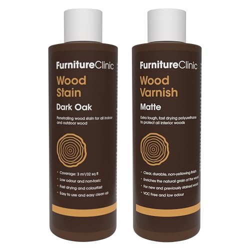 Furniture Clinic 8.5oz Dark Oak Wood Stain + 250ml Matte Wood Varnish | Water Based | Fast Drying, Low Odor, & Non-Toxic | for Indoor & Outdoor Furniture and More