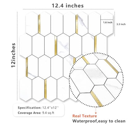 Vamos Tile Long Hexagon Peel and Stick Backsplash Tile - 10 Sheets Stick on Backsplash for Kitchen and Bathroom 12.4 x 12 Inch White Marble Look PVC Mixed Metal Gold Self Adhesive Mosaic Wall Tiles - color: ‎Statuary Marble Look with Gold Metal