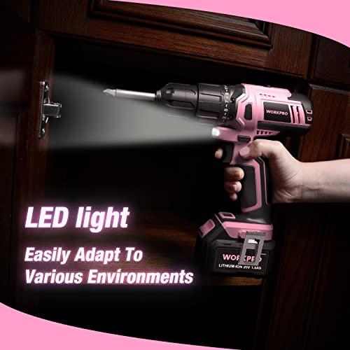 WORKPRO 20V Cordless Drill Driver Set, Pink, 3/8" Keyless Chuck