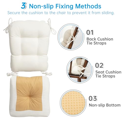 Rocking Chair Cushions Set - Non-Slip Adirondack Chair Cushions with Ties Indoor/Outdoor Rocking Chair Pad for Living Room, Bedroom, Balcony, Office - color: White-beige