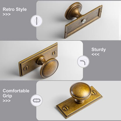 6Pack Antique Brass Cabinet Knob with Backplate Round Drawer Knob - color: Antique Brass, style: Plaquette