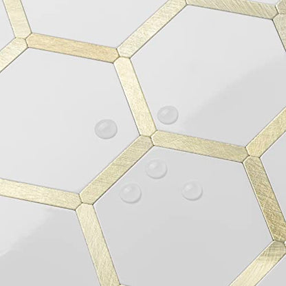 DICOFUN 10-Sheet Hexagon Peel and Stick Backsplash Tile, Polished White Tile Look Mixed Light Gold Kitchen Backsplash Peel and Stick Wall Tiles - color: White Tile + Light Gold Metal Frame, size: 10 Sheets, 12''x12''x0.12''