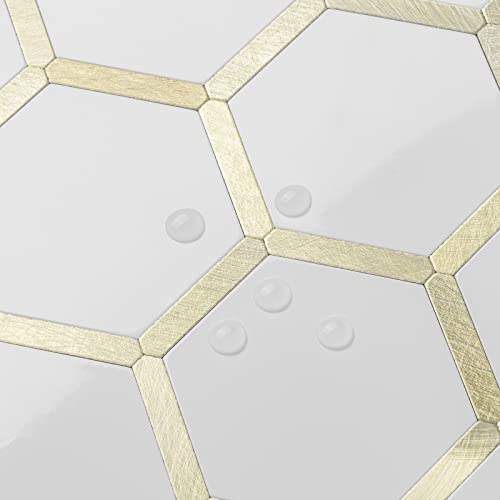 DICOFUN 10-Sheet Hexagon Peel and Stick Backsplash Tile, Polished White Tile Look Mixed Light Gold Kitchen Backsplash Peel and Stick Wall Tiles - color: White Tile + Light Gold Metal Frame, size: 10 Sheets, 12''x12''x0.12''