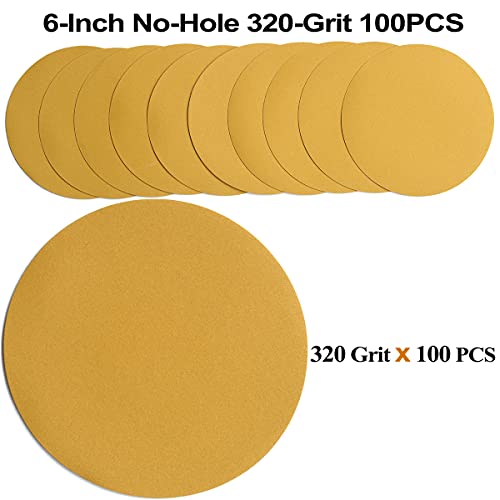 6-Inch No-Hole Hook and Loop Gold Sanding Discs 320-Grit, 100-Pack