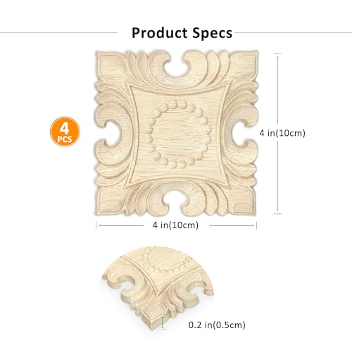 4 Pcs Decorative Wood Flower Carved Appliques Onlays Decals, 4 x 4 Inch Unpainted Solid Wooden Square Carving Decal Trim Applique for Furniture Cabinet Closet Decoration - size: 4 x 4inch-4pcs
