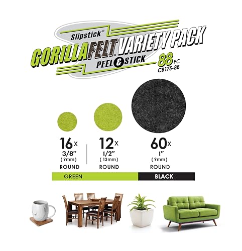 Slipstick Gorilla Felt 1 Inch Furniture Pads (88 Piece Combo) Premium Furniture Pads & Chair Leg Floor Protectors for Hardwood Floors & Hard Surfaces - size: 1 Inch 88 Piece Combo Pack