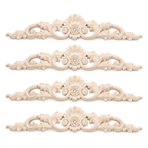 4PCS Wood Appliques and Onlays Decorative Wooden Carved Applique for Furniture Unpainted Hand-Carved Furniture Carving Decal for Cabinet Door Bed Wardrobe DIY Home Decor Wall Mantels Stairs 7.87x1.7in