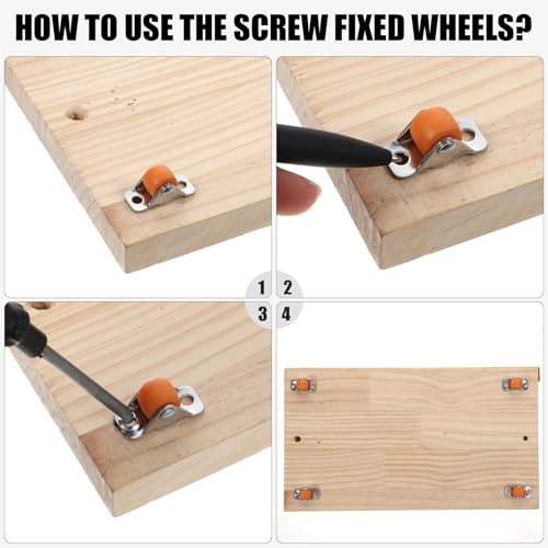 Mini Fixed Drawer Rubber Caster Wheels, 4 Packs 0.5 Inch Non Swivel Small Rigid Low Profile Roller Castors, Heavy-Duty Steel Frame, for Home Furniture and Under-Bed Storage, with 10 Screws, Orange
