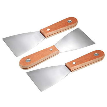 uxcell Putty Scraper 3" Cr-V Steel Stiff Putty Knives with Wood Handle for Taping Paint Wall Floor Tile 3pcs