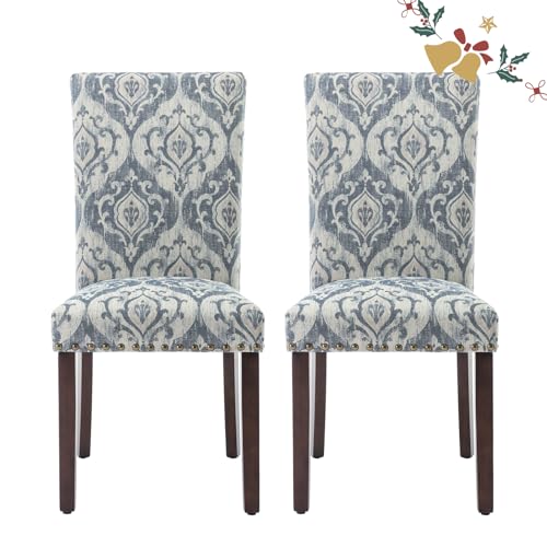 Parsons Dining Chairs Set of 2, Upholstered Nailhead Dining Room Kitchen Side Chair with Thick Cushions and Wood Legs, White/Blue - color: White/Blue, size: set of 2