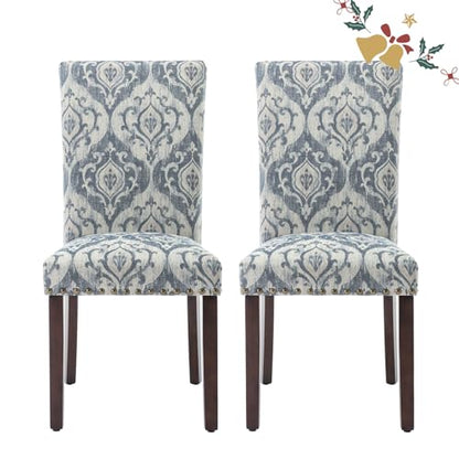 Parsons Dining Chairs Set of 2, Upholstered Nailhead Dining Room Kitchen Side Chair with Thick Cushions and Wood Legs, White/Blue - color: White/Blue, size: set of 2