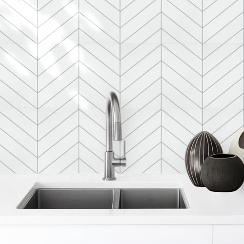 STICKGOO Herringbone Peel and Stick Backsplash, White/Grey Grout, 10 Sheets - color: White With Grey Grout, size: Pack of 10