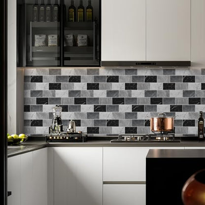 10 Sheets Peel and Stick Backsplash for Kitchen 12"X12" Renter Friendly Backsplash Back Splash Adhesive Subway Wall Tile Flat Vinyl Sticker for Bathroom Grey Marble (Not 3D Tile)