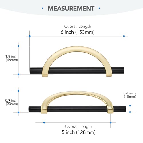 Brushed Gold & Matte Black Cabinet Pulls Curved, 5 Inch/128 mm, 10 Pack - color: Brushed Brass & Matte Black, size: 5 Inch Hole Center