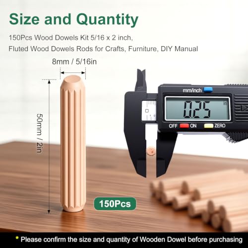 150Pcs Wood Dowels Kit 5/16 x 2 inch, Wooden Dowel Pins, Fluted Wood Dowels Rods for Crafts, Furniture, DIY Manual - size: 5/16 "x 2"