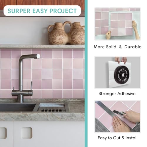 Commomy Thicker Pink Peel and Stick Tiles- 10 pcs of 12" x 12" - color: Glossy Pink & Thicker Design