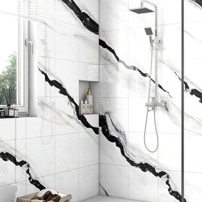 Chejiaye 10pcs Marble Peel and Stick Backsplash Waterproof Washroom Wall Panels, Peel and Stick Tile, PVC Foam Wall Panels for Kitchen,Bathroom,living room,White and Black(Not Real Tile,11.8" x 11.8") - color: White and Black, size: 11.8" x 11.8" x 10Pack