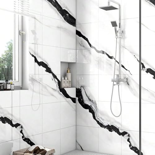 Chejiaye 10pcs Marble Peel and Stick Backsplash Waterproof Washroom Wall Panels, Peel and Stick Tile, PVC Foam Wall Panels for Kitchen,Bathroom,living room,White and Black(Not Real Tile,11.8" x 11.8") - color: White and Black, size: 11.8" x 11.8" x 10Pack