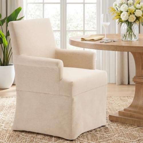 Arm Dining Chair Fabric Long Skirt Slipcovered High Back Upholstered Dinner - color: Beige, size: 1 PC
