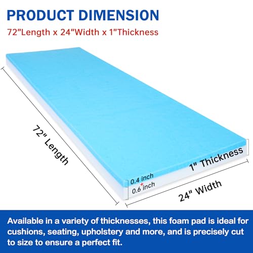 1"x24"x72" Upholstery Foam High Density Gel Memory Foam Cushion - size: 72" X24"x1