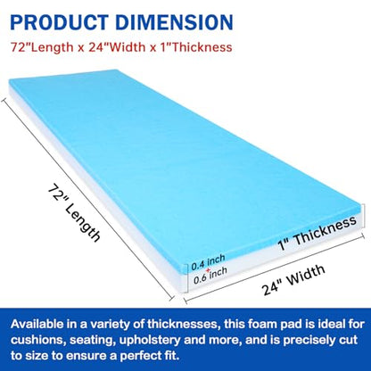 1"x24"x72" Upholstery Foam High Density Gel Memory Foam Cushion - size: 72" X24"x1