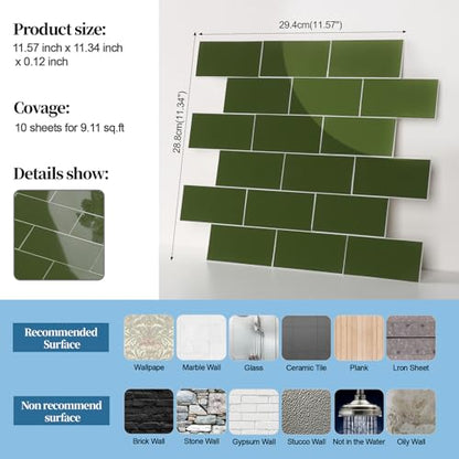 2026 New Upgrade Peel and Stick Backsplash Tile, Peel and Stick 11.34" X 11.57" Wall Tile for Kitchen, Bathroom, Fireplace, Laundry (Polished Green, 10 Packs) - color: Polished Green