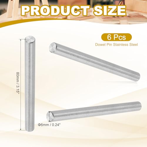 PATIKIL 6mm x 80mm Dowel Pin Stainless Steel, 6 Pcs 304 Stainless Steel Pegs Shelf Pins Rod Support Metal Fasten Elements for Shelves Furniture Fixing Component, Silver - size: 6mm x 80mm