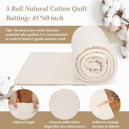 5 Pcs 45 x 60 Inch Natural Cotton Batting for Quilting