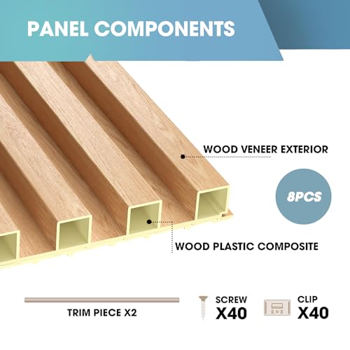OUZUGIE WPC Acoustic Slat Wall Paneling, 8-Pack 114 x 6 Inches - color: Oak, size: (High)114“ x 6"
