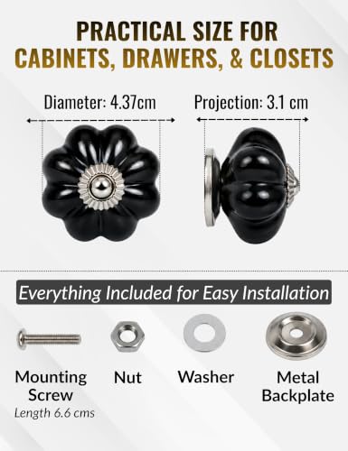 Black Cabinet Knobs 2 Pack - Ceramic Pumpkin Drawer Pulls - color: Black Solid, size: 2 Pieces