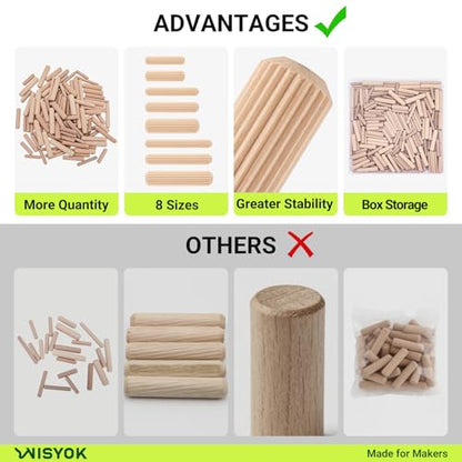 WISYOK 300Pcs Wooden Dowels, 8 Sizes, 1/4,5/16,3/8 in - size: 8 Size-300pcs
