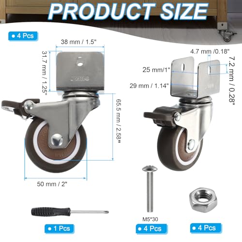 PATIKIL 2" Swivel Caster Wheels with 1" U Bracket, 4 Pack 360° Rotation Swivel Wheel with Brake Total Load 165lbs Locking Caster for Cabinet Furniture Table Replacement