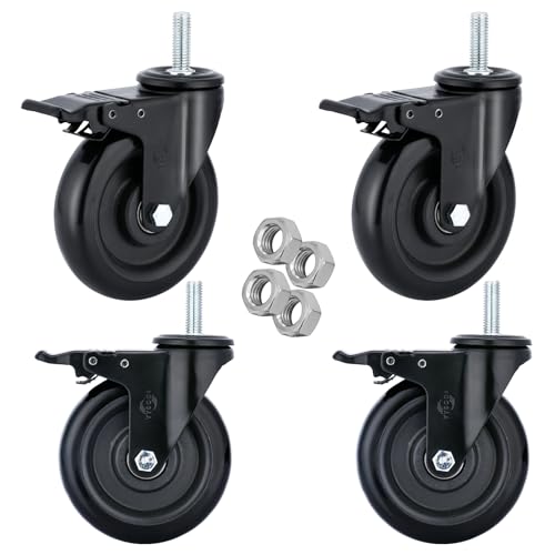 Stem Caster Wheels 5 inch Casters with Safety Dual Locking 1500Lbs Heavy Duty Threaded Stem Casters No Noise Swivel Castors with Brakes 1/2”-13x1.5” - style: 5 inch 1/2”-13x1-1/2”