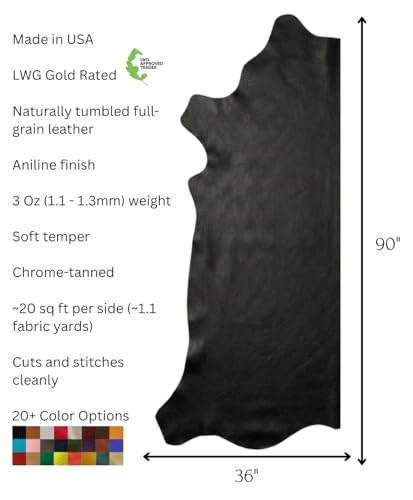 Premium Genuine Leather Natural Grain Cowhide Hides – High-Quality Leather Skins for Upholstery, Crafting, Tooling, Sewing, and DIY Leather Projects (Black, 20 Square Feet (Full Side)) - color: Black, size: 20 Square Feet (full side)
