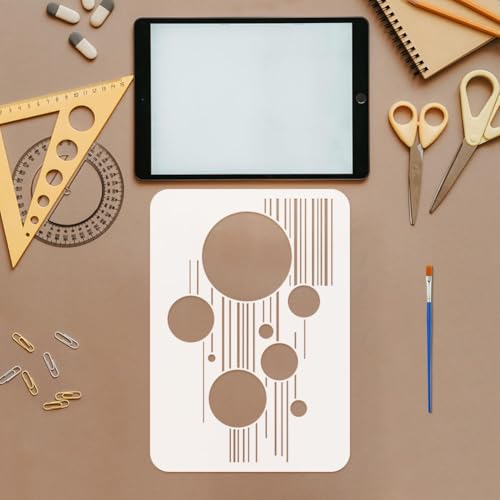 FINGERINSPIRE 4PCS Geometric Circles and Lines Interweave Painting Stencil with Paint Brush 8.3x11.7inch Round Lines Pattern Drawing Template Plastic Geometry Theme Stencil for Painting on Wood - style: Geometric Circles and Lines Interweave