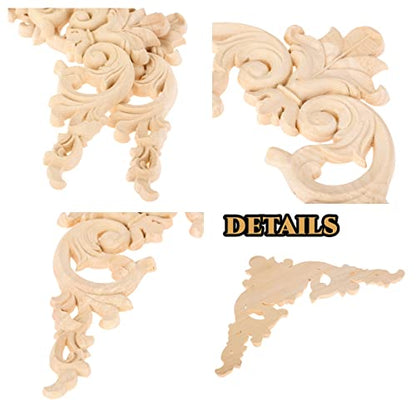 4Pcs Wood Applique Onlay, Unpainted Wooden Carved Corner Decals - size: 12x12cm/4.7x4.7in