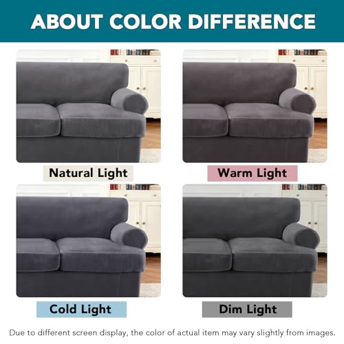 Turquoize Sofa Cover 3 Piece T Cushion Loveseat Covers for 2 Cushion Couch Thick Velvet Couch Cover Stretch Furniture Covers with 2 Individual T Cushion Covers, Washable (2 Cushion Loveseat, Gray) - color: Grey, size: Loveseat (2 Cushion)