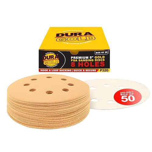 Dura-Gold 5" Gold Sanding Discs, 320 Grit, Box of 50, 8 Hole Pattern, H & L - size: 320-Grit - Gold