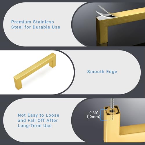 KNOBWELL 20Pack 3-3/4 Inch Brushed Gold Cabinet Pulls Stainless Steel Kitchen Cabinet Handles Square Drawer Pulls Modern Cabinet Hardware Handles，96mm Hole Centers - color: Brushed Gold, size: Hole Center:3-3/4 inch(96mm)