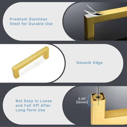 KNOBWELL 20Pack 3-3/4 Inch Brushed Gold Cabinet Pulls Stainless Steel Kitchen Cabinet Handles Square Drawer Pulls Modern Cabinet Hardware Handles，96mm Hole Centers - color: Brushed Gold, size: Hole Center:3-3/4 inch(96mm)