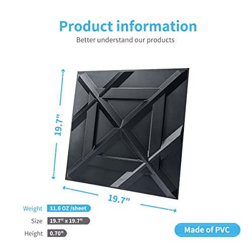 Art3d Decorativ PVC Glue-Up 3D Wall Panel, 19.7 x 19.7 in, 12-Pack, Black - color: ‎Black
