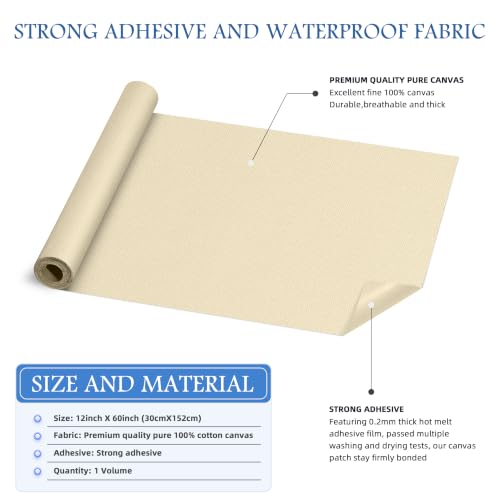 KING MOUNTAIN Canvas Iron on Patch,12"×60",Waterproof 100% Cotton Fabric Repair Patch,Used for Various Sofa,Tent,Clothes,Seats,Suitcases（Beige） - color: Beige, size: Canvas-12x60