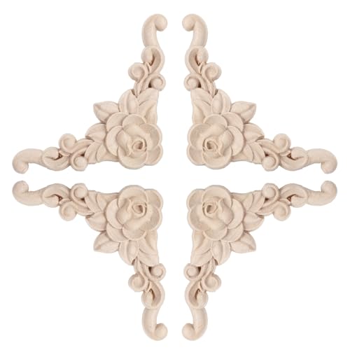 4Pcs Wood Appliques & Onlays for Furniture, Wood Moldings & Trims Unpainted Corner Appliques Onlays DIY Wooden Furniture Corner Decoration for Mirrors Cabinets(8x8cm/3.15"x3.15",Retro Rose Pattern)