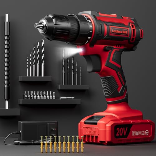 Cordless Drill Set, VIWKO 20V Power Drill with Power Pack 2.0Ah and Charger, 3/8-Inch Keyless Chuck Electric drill, 25+1 Position, 42pcs Drilldriver Bits/Screws for DIY Projects (Red) - color: Black Red