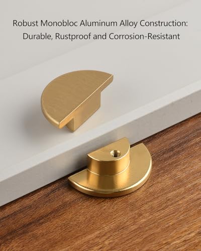 6 Pack Brushed Brass Gold Cabinet Handles Half Moon Knobs Dresser Pulls and Knobs Drawers Small Knob Single Hole Pulls Semi Circle Copper Color - color: brush gold, size: 1.6 inch